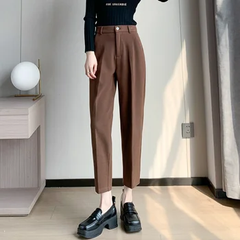 Новые осенне-зимние шерстяные прямые брюки Женские модные костюмные брюки с высокой посадкой Офисные Женские повседневные шерстяные брюки