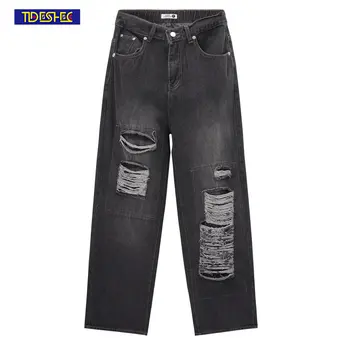 Новые уличные джинсовые брюки в стиле хип-хоп, Свободные джинсовые брюки с рваными дырами, трендовые прямые широкие брюки, мужские выстиранные повседневные джинсы в стиле ретро