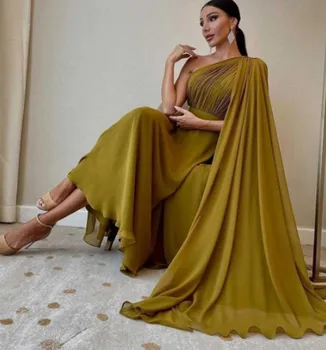 Оливково-зеленое вечернее платье длиной до щиколотки с накидкой на одно плечо из шифона, женское вечернее платье для вечеринок в Дубае, Vestidos De Fiesta 2023