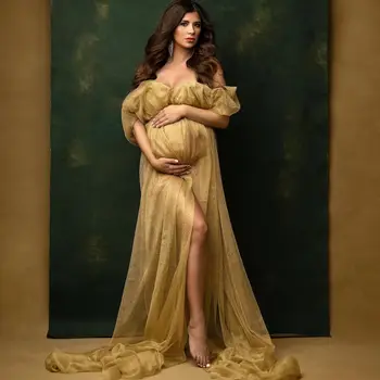 Очаровательные золотые платья для беременных для фотосессии, платья для беременных, сексуальные вечерние платья для детского душа с разрезом спереди