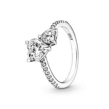 Подлинное кольцо с двойным сердцем из стерлингового серебра 925 пробы, сверкающее модное кольцо для женщин, подарочные украшения своими руками