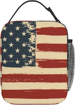 Портативная сумка для ланча, утепленная американским флагом Сумка для ланча с боковым карманом, Многоразовые ланчбоксы для путешествий, пикника, работы на открытом воздухе