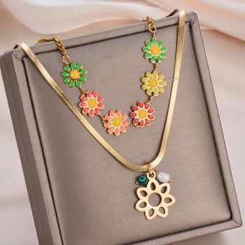 Разноцветный Цветок Маргаритки, двухслойное ожерелье с подвеской, Золотое плоское колье в виде змеи, ювелирные изделия, подарочные ошейники для женщин