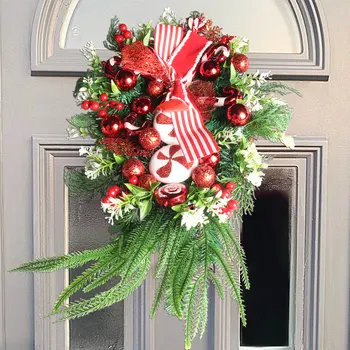 Рождественский венок, гирлянда, бант из Леденцовой трости, украшение на Рождественскую входную дверь, Подвесной Настенный декор для дома