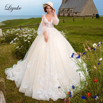 Свадебное платье Трапециевидной формы Liyuke с пышными рукавами и потрясающим кружевным свадебным платьем без спинки