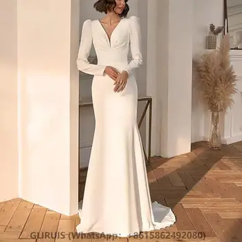 Свадебные платья русалки с V-образным вырезом, белое свадебное платье с длинным рукавом и подметальной полосой, простые свадебные платья для женщин