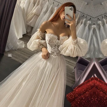 Свадебные платья трапециевидной формы в стиле Чжу Бохо 2023, аппликации в виде сердца, Кружевные пышные рукава, Элегантное свадебное платье принцессы, платья невесты