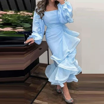 Светло-небесно-голубые вечерние платья Саудовская Аравия Пышные платья с длинными рукавами и оборками для выпускного вечера Женское вечернее платье Robe De Soiree