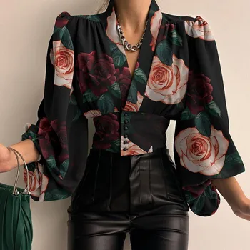 Сексуальная рубашка с V-образным вырезом и длинным рукавом, блузка для офиса, женская весенне-осенняя Модная элегантная рубашка с цветочным принтом Для женщин 2023, Женские топы