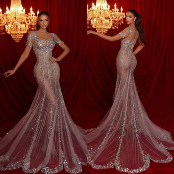 Современные вечерние платья Lllusion Mermaid Fashion Shine Crystal Платье для выпускного вечера со шлейфом для вечеринки Vestidos De Novia Размер на заказ