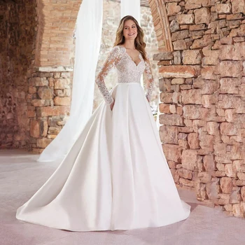 Уникальное белое сексуальное кружевное платье с V-образным вырезом и длинным рукавом, кружевная наклейка с карманом, женское свадебное платье, Атласная швабра, свадебное платье на заказ, Vestidos de novia