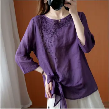 Фиолетовый Новый летний топ с вышивкой для женщин, модная легкая и тонкая однотонная свободная футболка, льняной пуловер, топ для женщин