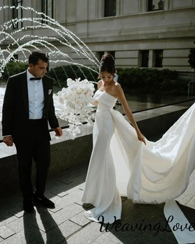 Цвета слоновой кости, белые атласные свадебные платья Русалки с открытыми плечами со съемным шлейфом, свадебное платье с открытой спиной Robe De Mariée