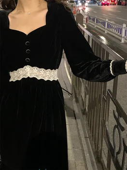 Черное бархатное платье знаменитостей во французском стиле для женщин, осень и зима, Маленькое черное платье в стиле Хепберн