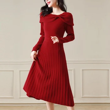 Шерстяное платье женское, осень 2023, новая линия, праздничное платье-свитер с бантом на плечах