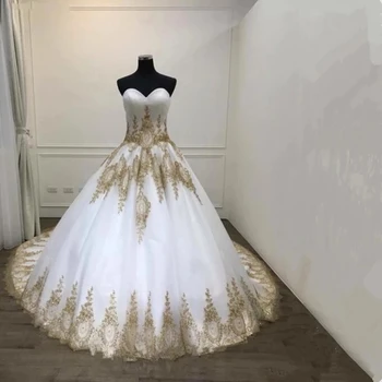 Шикарное бальное платье ANGELSBRIDEP Мусульманские свадебные платья с золотой аппликацией Свадебное платье Robe De Mariée С длинным шлейфом на заказ