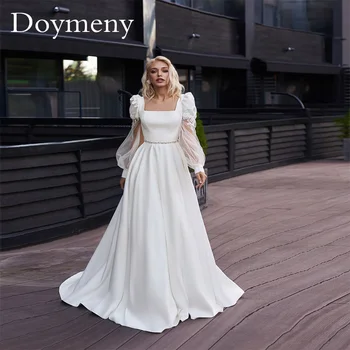 Элегантное свадебное платье Doymeny из атласа С пышными рукавами и квадратным воротником, аппликации на пуговицах сзади с поясом, Придворный шлейф Robe De Mariee
