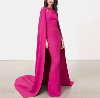 Элегантные длинные ярко-розовые вечерние платья для арабских женщин Дубая с накидкой длиной до пола, платье для выпускного вечера и особых мероприятий в стиле русалки