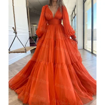 Элегантные оранжевые выпускные платья из тюля с глубоким V-образным вырезом и длинным рукавом, Трапециевидные вечерние платья с высокой талией для официальных мероприятий для женщин