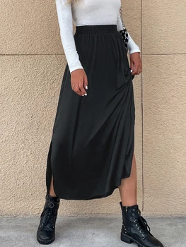 Юбка с разрезом на бедрах с высокой талией, женские черные однотонные длинные юбки, весенне-летняя модная уличная юбка Макси, повседневные женские плавки