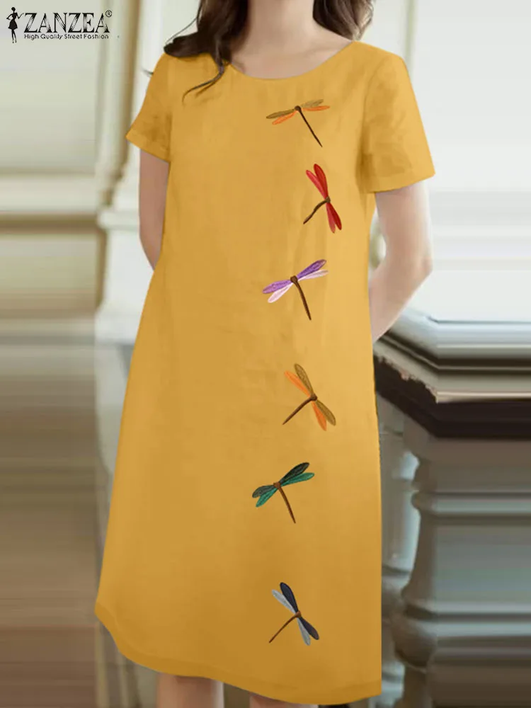 2024 ZANZEA Женское Летнее платье с вышивкой, Винтажный цветочный сарафан с коротким рукавом длиной до колен, халат для женской вечеринки, Праздничное платье Изображение 0