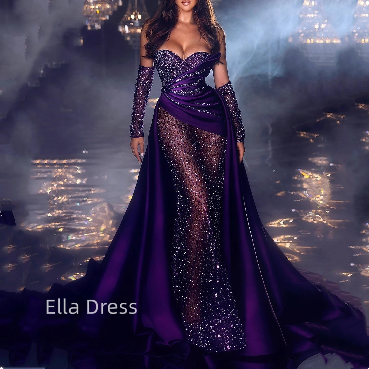 Ella Роскошное вечернее платье Русалки с блестками, открытыми плечами, блестящее платье для выпускного вечера с длинным рукавом, Прозрачная юбка, вечернее платье для вечеринки Изображение 0