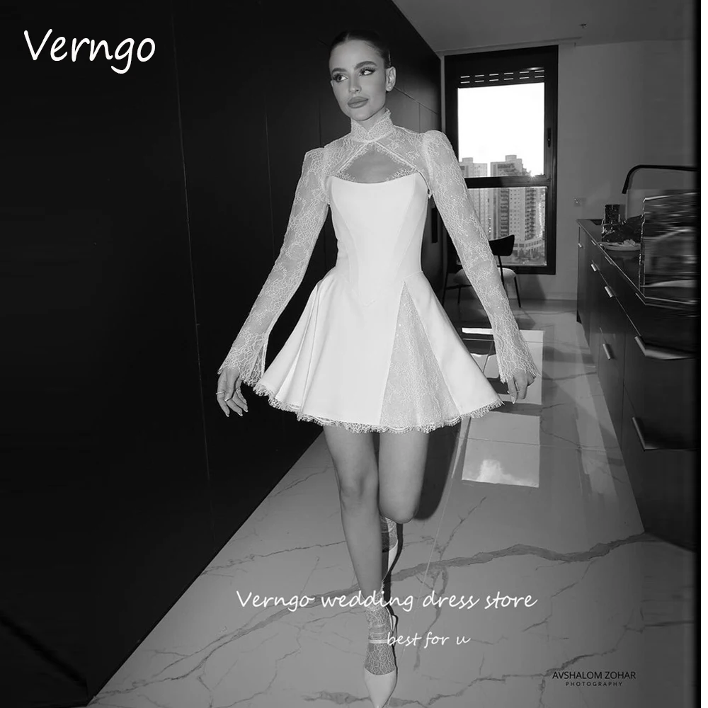Verngo 2023, Короткие свадебные платья Трапециевидной формы С жакетом и длинными рукавами, Кружевные Мини-свадебные платья, Винтажное Ретро Платье невесты для выпускного вечера Изображение 0
