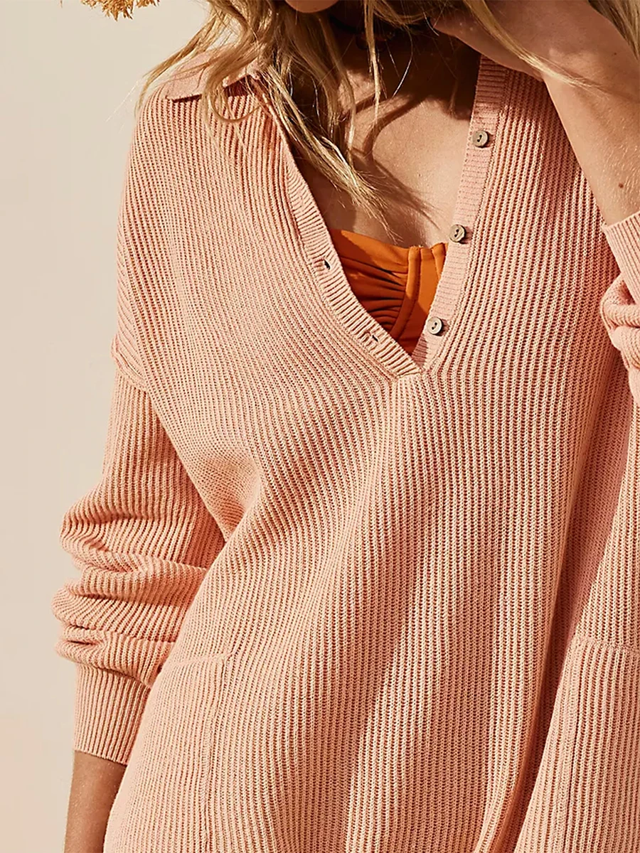Женский уютный и шикарный вязаный свитер с V-образным вырезом, застежкой на пуговицы и длинными рукавами - идеально подходит для весны и осени Изображение 0