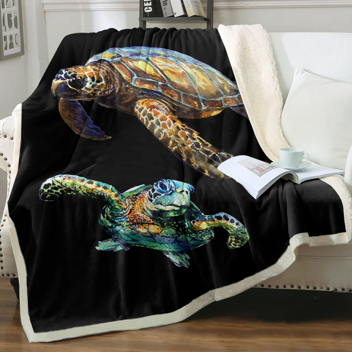 Зеленое покрывало с принтом черепахи, покрывало с принтом Супер Мягкое Шерп-одеяло для дивана-кровати Изображение 0