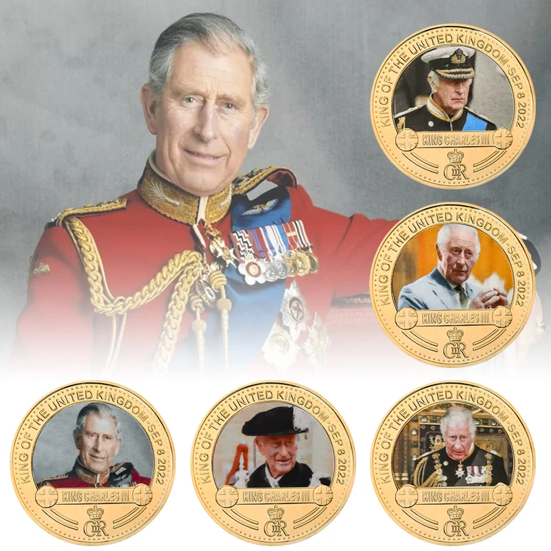 Король Англии Карл III Позолоченный Набор Памятных монет UK Royal Challenge Coins Брелок Сувенир Ремесленный Подарок для Него Изображение 0