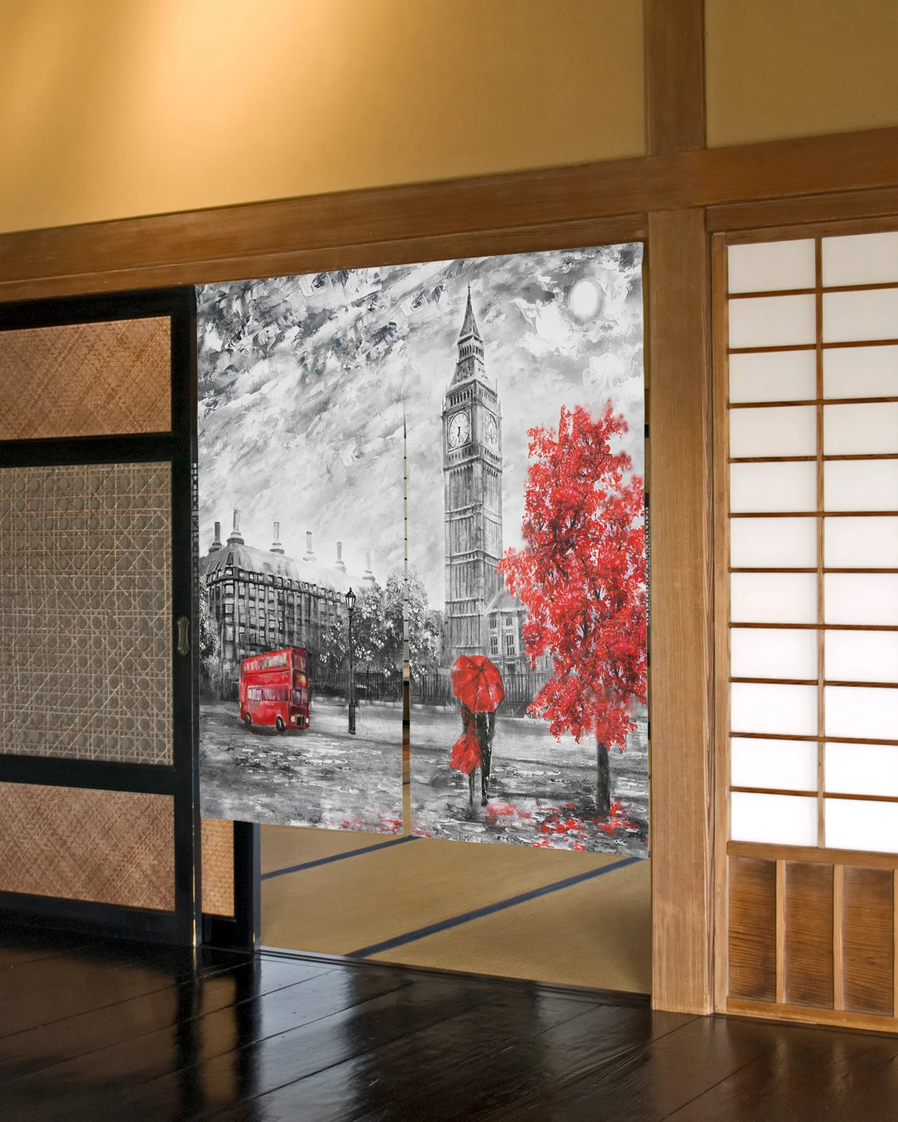 Лондонский красный зонт, занавеска на двери автобуса, картина маслом, японская занавеска Норен, входная перегородка на кухню ресторана, полупрозрачная занавеска Изображение 0