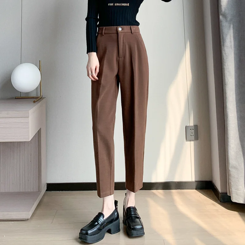 Новые осенне-зимние шерстяные прямые брюки Женские модные костюмные брюки с высокой посадкой Офисные Женские повседневные шерстяные брюки Изображение 0
