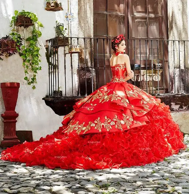 Красные платья Charro Quinceanera Бальное платье Милая Органза Оборки Аппликации Пышные Мексиканские Сладости 16 Платьев 15 Anos Изображение 1