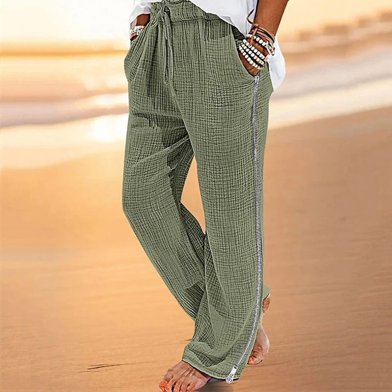 Повседневные брюки в богемном стиле, мужские винтажные Плиссированные Хлопчатобумажные Льняные Тонкие брюки, Осенняя мужская одежда, Модные прямые брюки на молнии сбоку Изображение 1