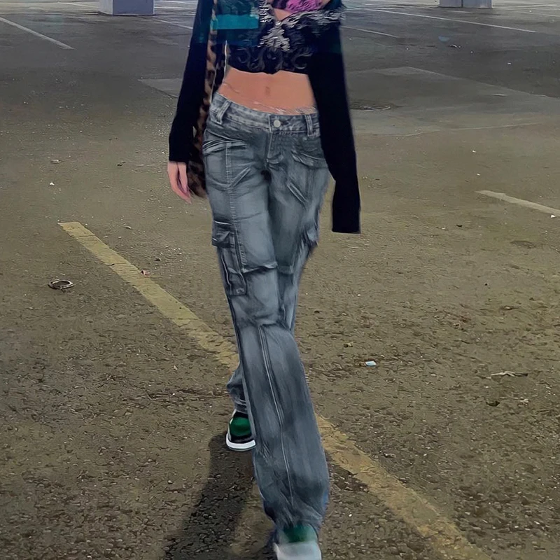 Сексуальные женские Джинсы с карманами и низкой талией Y2K 90-х, винтажные мешковатые джинсовые брюки-карго Harajuku, женские Прямые длинные брюки, уличная одежда Изображение 1