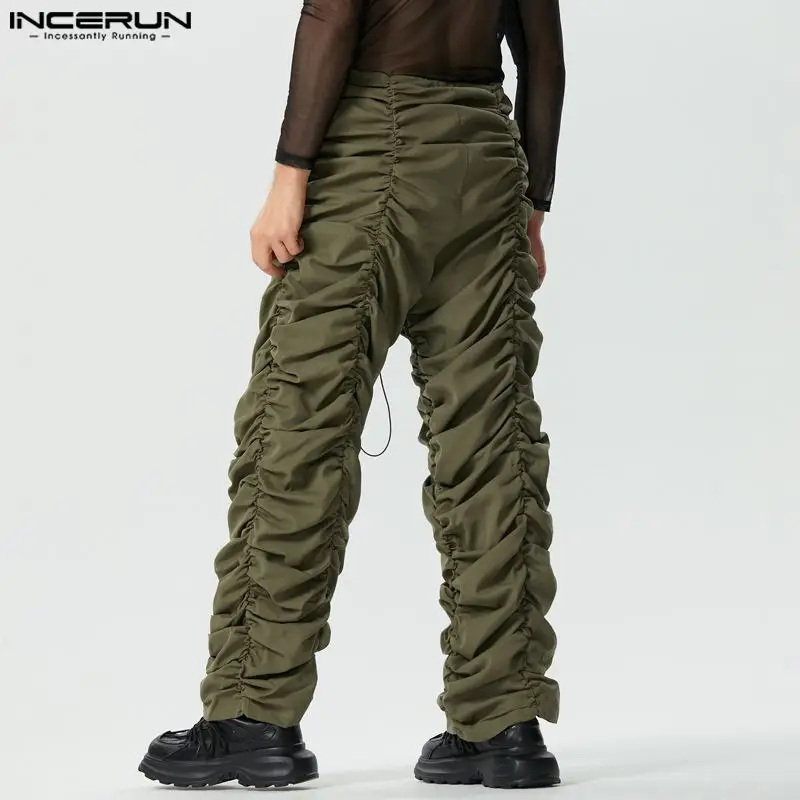 INCERUN 2023 Мужские Панталоны в Американском стиле, Забавные Дизайнерские Брюки С завязками, Повседневные Стильные Мужские Однотонные Плиссированные Длинные Брюки S-5XL Изображение 2
