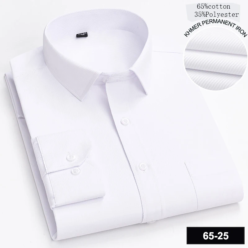 New in shirt Повседневная белая рубашка из 65% хлопка, рубашки с длинными рукавами для мужчин, приталенная официальная однотонная рубашка, мягкая деловая офисная одежда Изображение 2