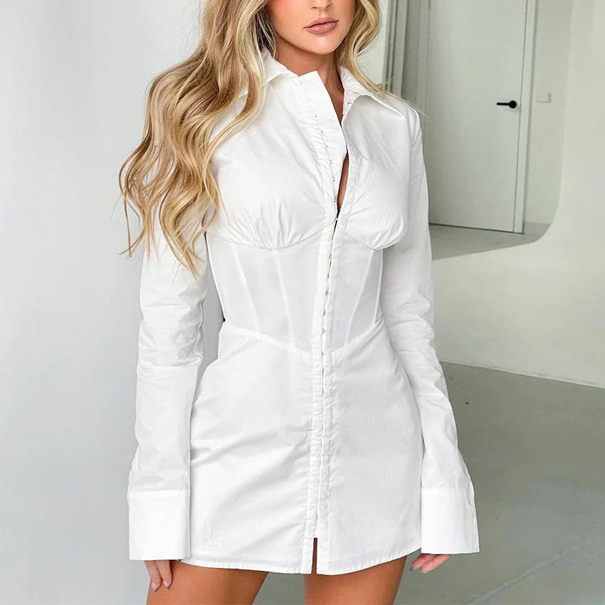 Белая облегающая юбка-рубашка с завышенной талией для женщин осенью и зимой Изображение 2