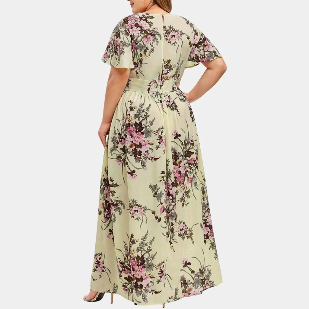 Женское шифоновое платье с короткими рукавами и V-образным вырезом, большие размеры, повседневное платье с цветочным принтом, с разрезом по низу, Свободная элегантная одежда для отдыха, L-5XL Изображение 2