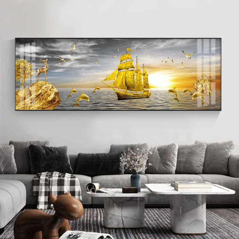 Новый китайский стиль Золотая лодка Холст Картина Черно-Желтый Камень Плакат Олень Парусник Пейзаж Настенные панно Домашний декор спальни Изображение 2