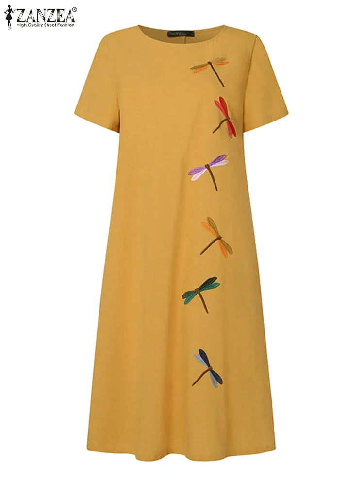 2024 ZANZEA Женское Летнее платье с вышивкой, Винтажный цветочный сарафан с коротким рукавом длиной до колен, халат для женской вечеринки, Праздничное платье Изображение 3