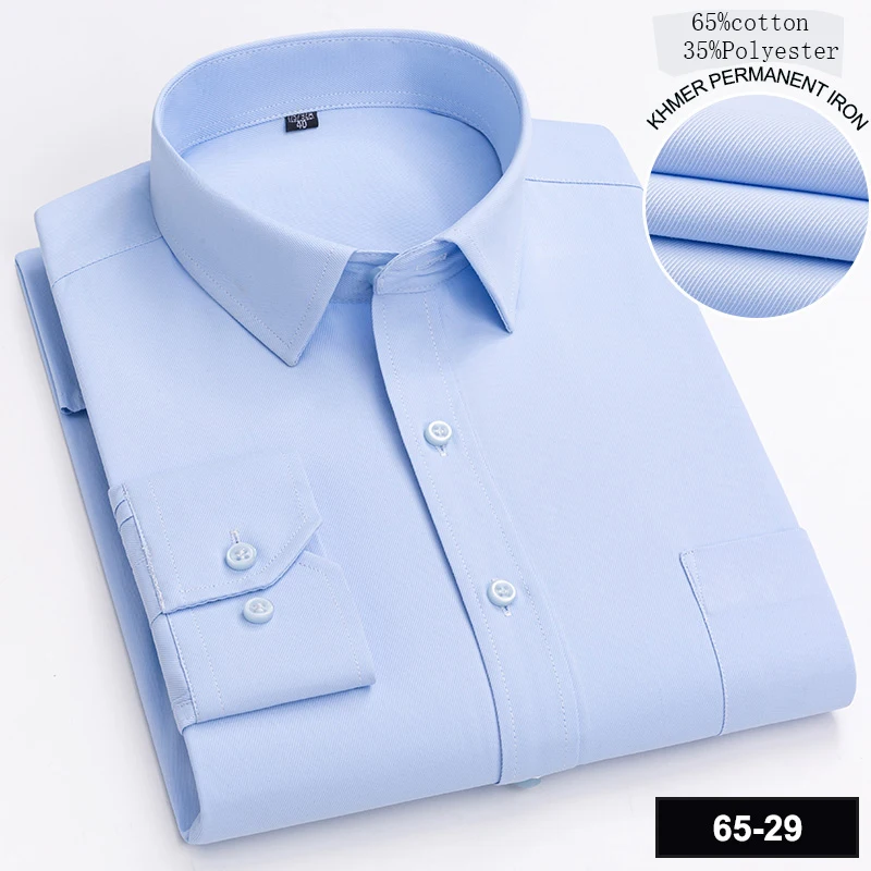 New in shirt Повседневная белая рубашка из 65% хлопка, рубашки с длинными рукавами для мужчин, приталенная официальная однотонная рубашка, мягкая деловая офисная одежда Изображение 3