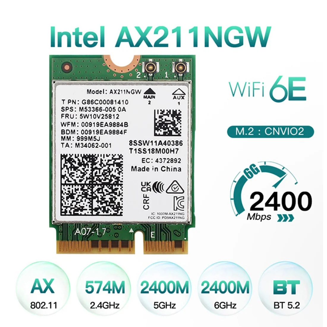 WiFi 6E AX211NGW Трехдиапазонная Беспроводная Сетевая карта Wifi 2,4 G/5G/6 ГГц для Bluetooth 5,2 AX211 M.2 KeyE CNVio Windows10 Изображение 3