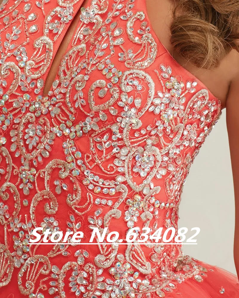 Кораллово-розовая пантера из тюля с вышивкой бисером, открытая спина, современное пышное бальное платье 15 2019, платья для матери невесты Изображение 3