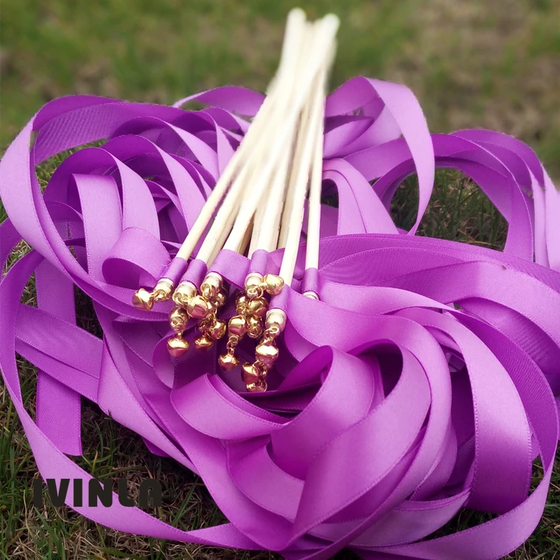 Новейшая 50 шт./лот фиолетовая свадебная лента, палочки-бенгальские огни с серебряным колокольчиком для свадебного украшения Изображение 3