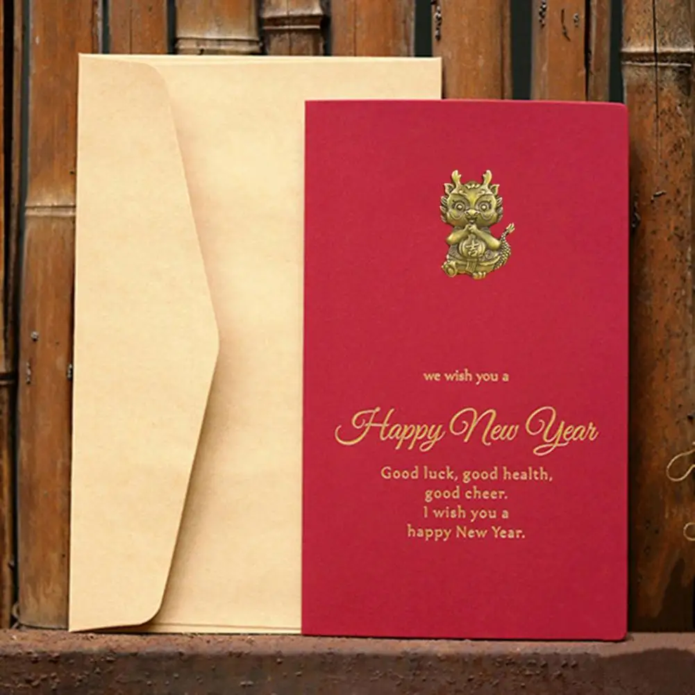 Поздравительная открытка 2024 года, Набор открыток с благословением на Китайский Новый год, 10 Винтажных Золотых открыток с конвертами, Элегантный 2024 Год Дракона Изображение 3