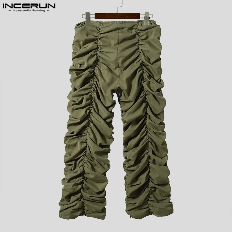 INCERUN 2023 Мужские Панталоны в Американском стиле, Забавные Дизайнерские Брюки С завязками, Повседневные Стильные Мужские Однотонные Плиссированные Длинные Брюки S-5XL Изображение 4