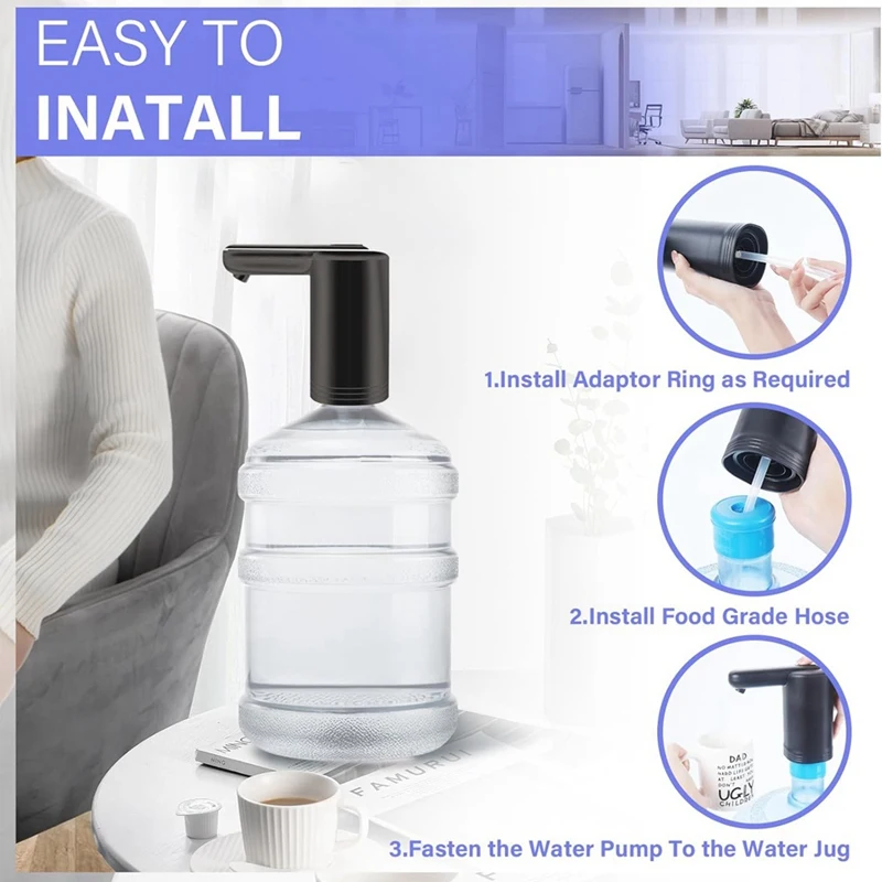 Дозатор воды для 5-галлоновой бутылки, универсальный 2-моторный водяной насос для быстрой перекачки воды, портативная USB-зарядка Изображение 4