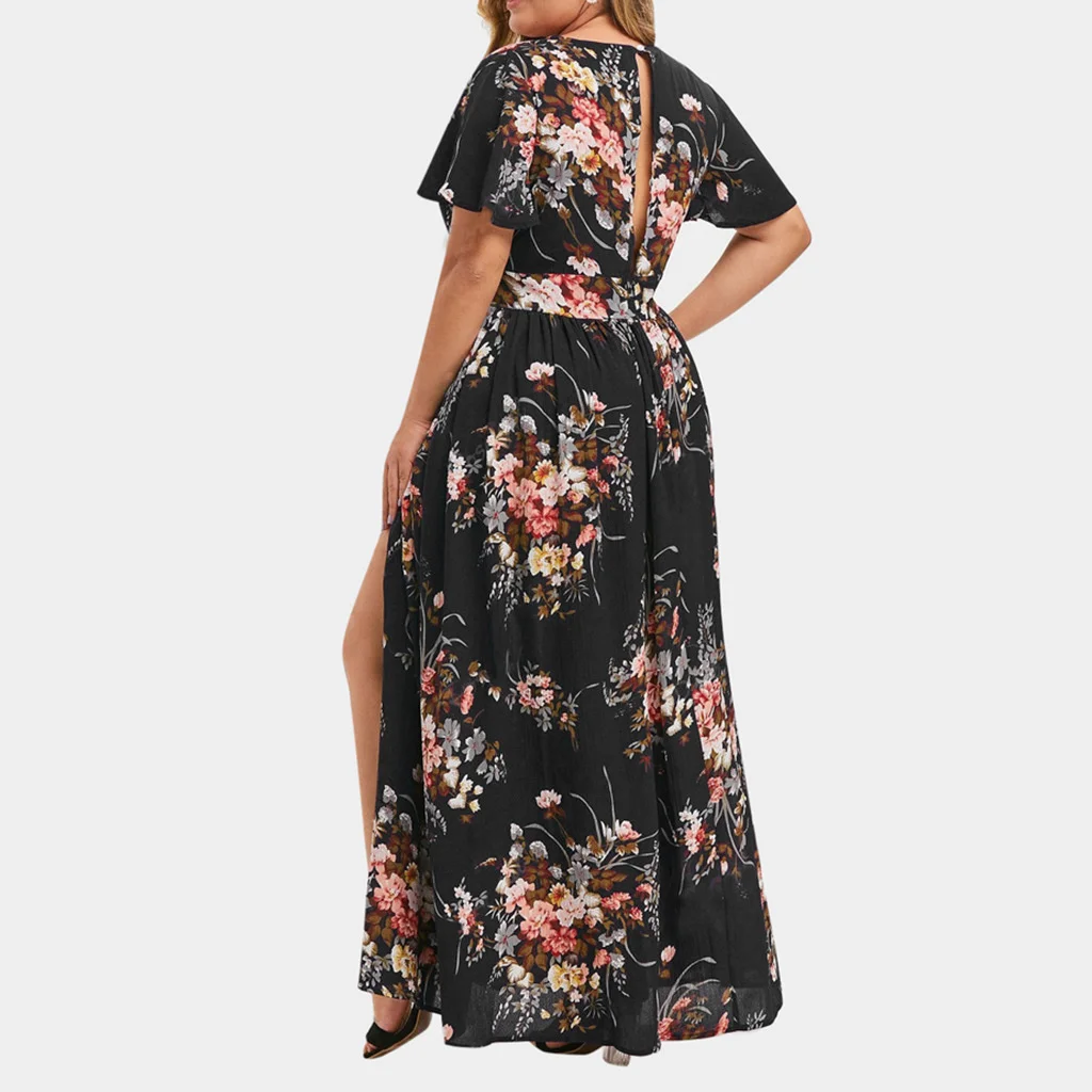 Женское шифоновое платье с короткими рукавами и V-образным вырезом, большие размеры, повседневное платье с цветочным принтом, с разрезом по низу, Свободная элегантная одежда для отдыха, L-5XL Изображение 4