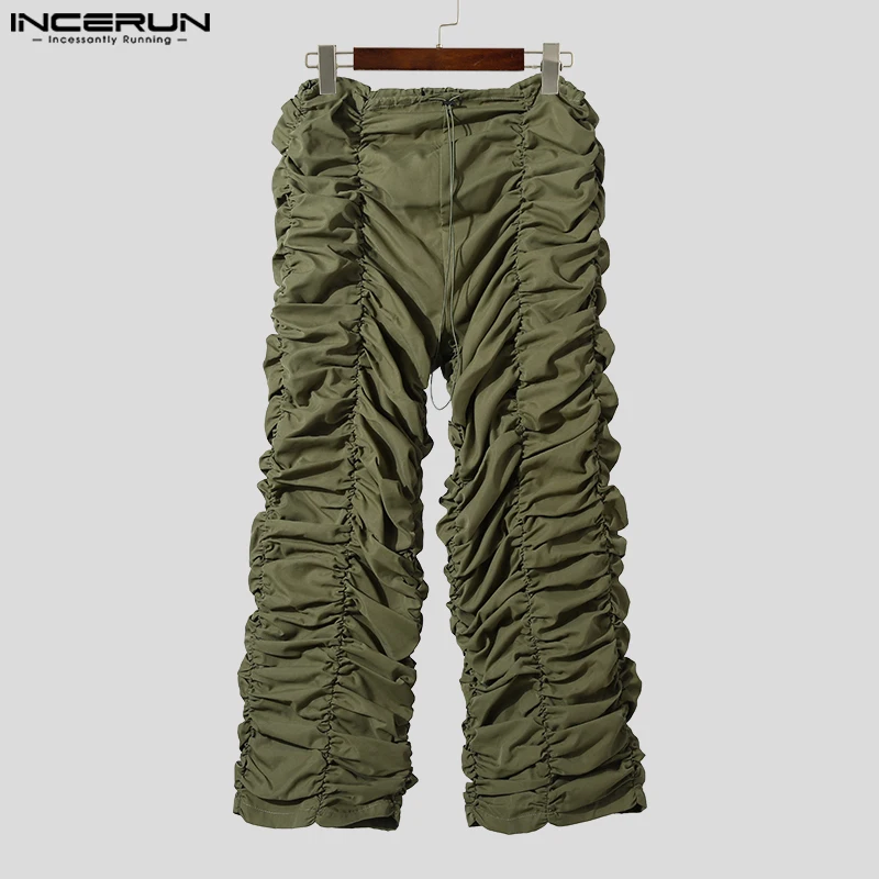 INCERUN 2023 Мужские Панталоны в Американском стиле, Забавные Дизайнерские Брюки С завязками, Повседневные Стильные Мужские Однотонные Плиссированные Длинные Брюки S-5XL Изображение 5